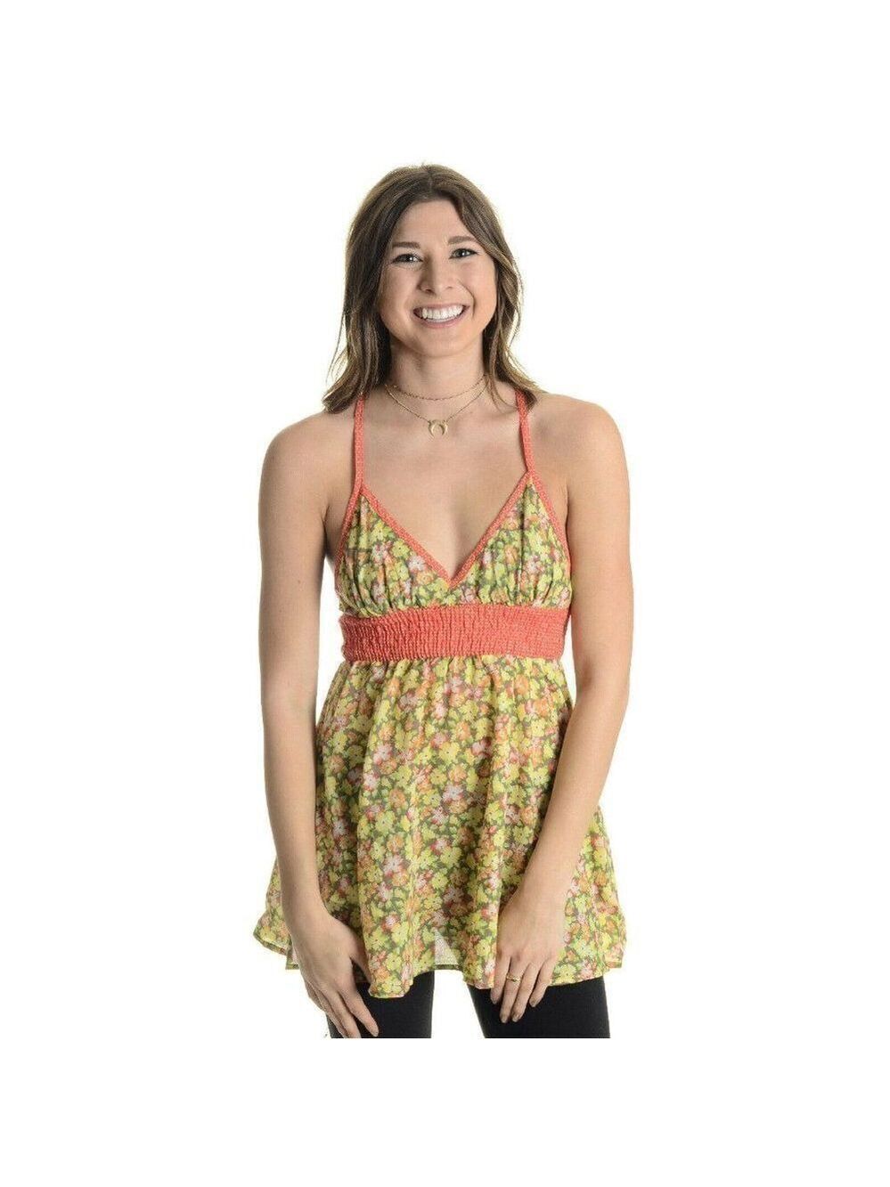 Free People Taupe Floral Empire Top Orange Trim 4